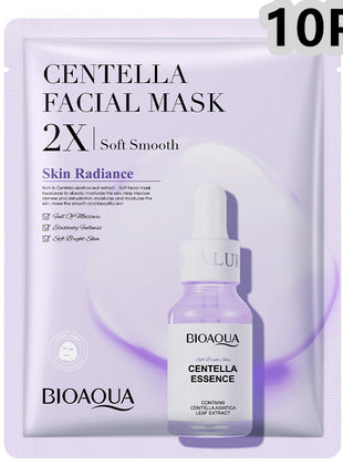 Bioaqua Centella Facial Mask packaging with a bottle of Bioaqua Centella Essence on a white background