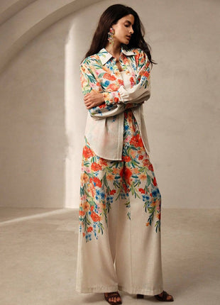 Casual Fashion Floral Print Women Blouse And Pants Suit