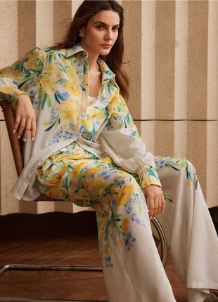 Casual Fashion Floral Print Women Blouse And Pants Suit