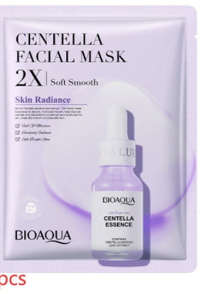Bioaqua Centella Facial Mask packaging with a bottle of Bioaqua Centella Essence on a white background
