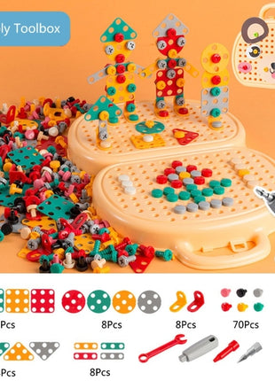 Children's assembly toolbox with building blocks and tools on an orange background