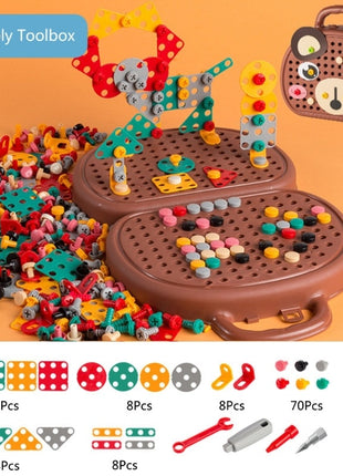 Children's assembly toolbox with colorful building blocks and accessories on an orange background