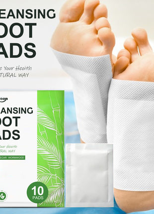 Cleansing foot pads with packaging and a person wearing them on feet.