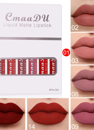 CmaaDU liquid matte lipstick set with packaging and color swatches on a beige background