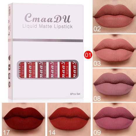 CmaaDU liquid matte lipstick set with packaging and color swatches on a beige background