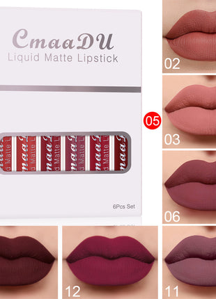 CmaaDU liquid matte lipstick set with packaging and color swatches on a beige background