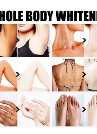 Collage of body parts with text 'Whole Body Whitening' on a white background