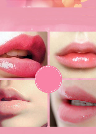Collage of close-up images of lips with a pink border and center circle.
