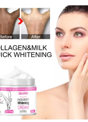Collagen and milk quick whitening cream with a woman applying it to her face, showing before and after effects.