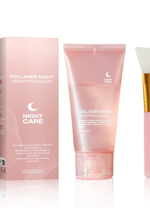 Collagen night wrapping mask set with packaging, tube, and applicator on a white background