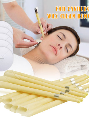Person receiving ear candling treatment with ear candles displayed below.