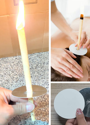 Collage of a candle being lit, hands using a tool on a small disc, and a hand holding two discs.