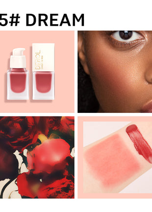 A collection of DEROL natural moisturizing blush bottles in various shades, displayed against a pink background.