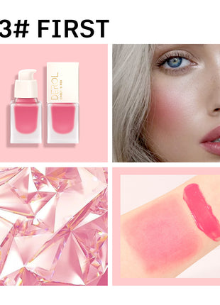 A collection of DEROL natural moisturizing blush bottles in various shades, displayed against a pink background.