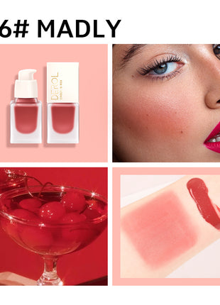 A collection of DEROL natural moisturizing blush bottles in various shades, displayed against a pink background.