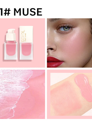 A collection of DEROL natural moisturizing blush bottles in various shades, displayed against a pink background.