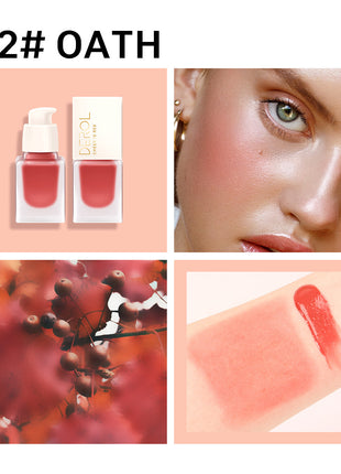 A collection of DEROL natural moisturizing blush bottles in various shades, displayed against a pink background.