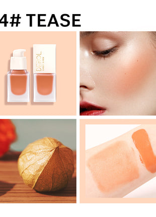 A collection of DEROL natural moisturizing blush bottles in various shades, displayed against a pink background.