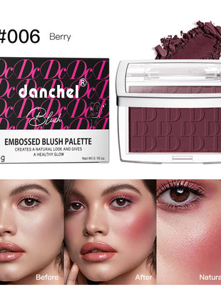 A collage of images showing the Danchel Natural Matte Rouge Blush in various shades, with models demonstrating the natural matte finish and the range of colors available including pink, coral, berry, rosewood, cherry, and mahogany.