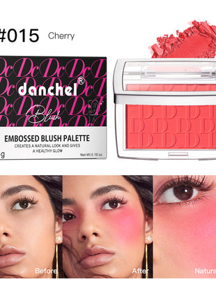 A collage of images showing the Danchel Natural Matte Rouge Blush in various shades, with models demonstrating the natural matte finish and the range of colors available including pink, coral, berry, rosewood, cherry, and mahogany.
