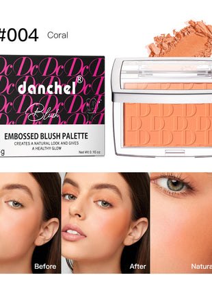 A collage of images showing the Danchel Natural Matte Rouge Blush in various shades, with models demonstrating the natural matte finish and the range of colors available including pink, coral, berry, rosewood, cherry, and mahogany.