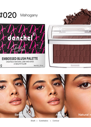 A collage of images showing the Danchel Natural Matte Rouge Blush in various shades, with models demonstrating the natural matte finish and the range of colors available including pink, coral, berry, rosewood, cherry, and mahogany.