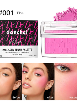 A collage of images showing the Danchel Natural Matte Rouge Blush in various shades, with models demonstrating the natural matte finish and the range of colors available including pink, coral, berry, rosewood, cherry, and mahogany.