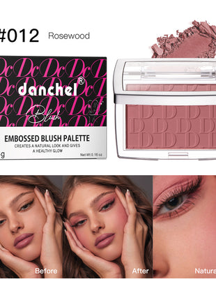 A collage of images showing the Danchel Natural Matte Rouge Blush in various shades, with models demonstrating the natural matte finish and the range of colors available including pink, coral, berry, rosewood, cherry, and mahogany.