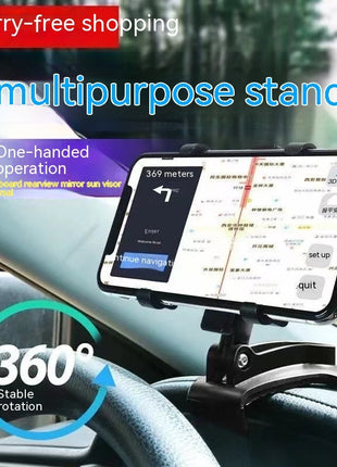 Phone holder in a car with text highlighting features like '360° stable rotation' and 'worry-free shopping'.