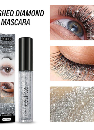Eelhoe crushed diamond mascara with packaging and close-up shots of application on eyes.