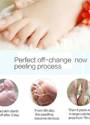 Foot care product advertisement with foot peeling process and close-up shots.