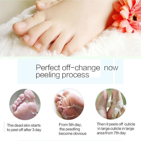 Foot care product advertisement with foot peeling process and close-up shots.