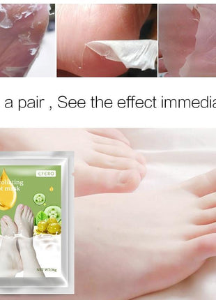 Exfoliating foot mask packaging with before and after effects on feet.