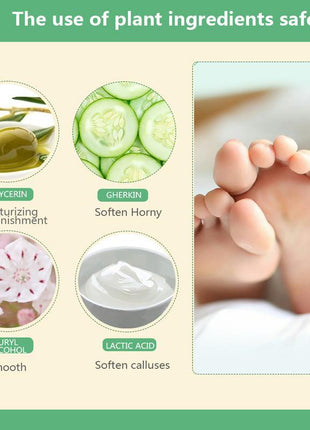 Product packaging with plant ingredients and their benefits, featuring a close-up of baby feet.