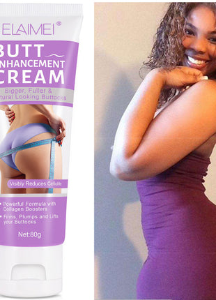 Elaimei Butt Enhancement Cream with a model in a purple dress on a beige background