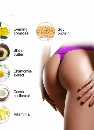 Woman's legs with cosmetic ingredients listed on a white background