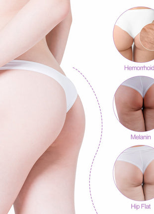 White underwear being worn on a person with close-up insets showing different skin conditions.