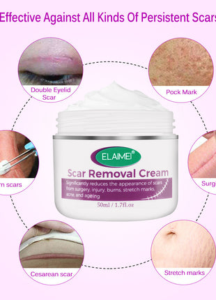 Scar removal cream jar with images of scars and a pink background
