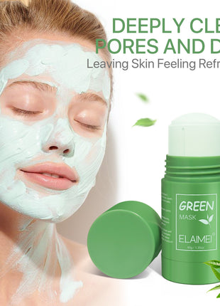Woman with green facial mask and green skincare product with 'ELAIMEI' branding.
