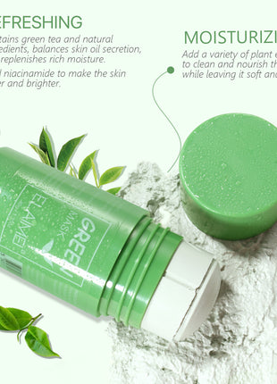 Green skincare product with text on refreshing and moisturizing benefits, surrounded by green leaves.