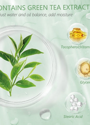 Product packaging with green tea leaves and ingredients on a green background