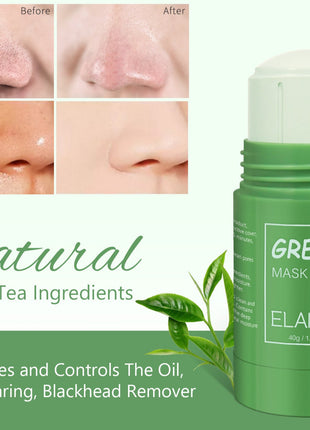 Green face mask stick with before and after skin comparison on a white background