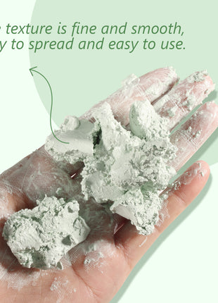 Hand holding a small amount of green clay with text describing its texture.