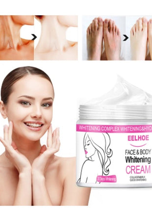 ELHOE Face & Body Whitening Cream packaging with before and after images of skin and feet.