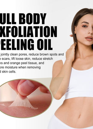 Woman with smooth skin and exfoliation peeling oil text on a white background