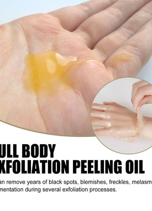 Hand applying full body exfoliation peeling oil with text on a white background