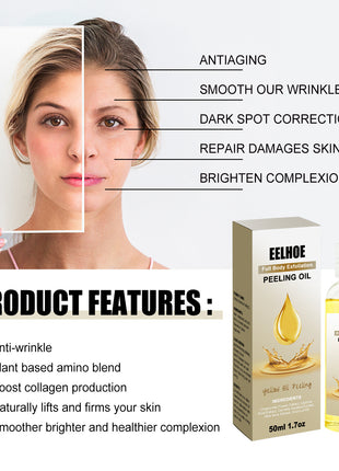 Eelhoe peeling oil product features with a woman's face showing before and after effects.
