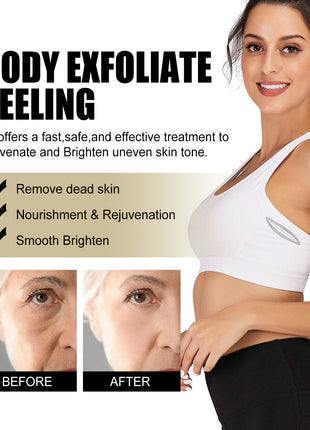 Advertisement for body exfoliate peeling treatment showing a woman and before-and-after effects on skin.