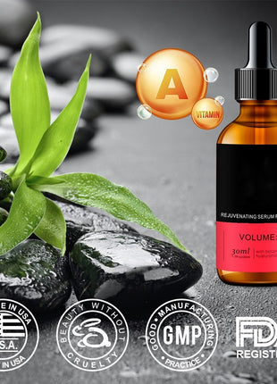 Serum bottle with green leaves and stones on a dark background, featuring certifications.