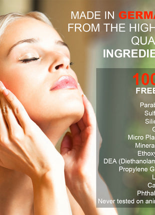 Woman touching her face with a list of product ingredients and 'Made in Germany' text.